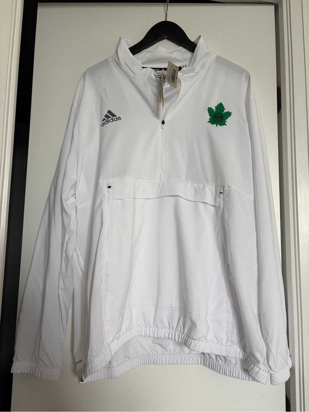 adidas White Quarter-Zip Pullover with Green Crest